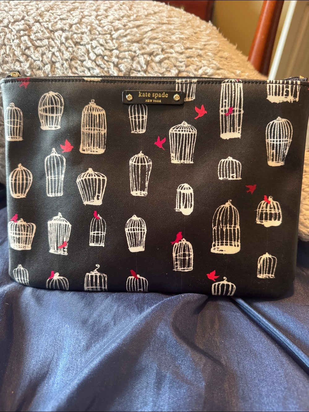 kate spade Black Birdcage Zip Pouch with White Cages & Pink Birds